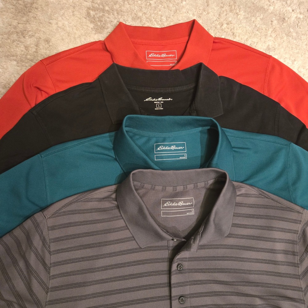Eddie Bauer Mens Polo Shirt Bundle 4 Pack Red Black Green Grey Striped Large